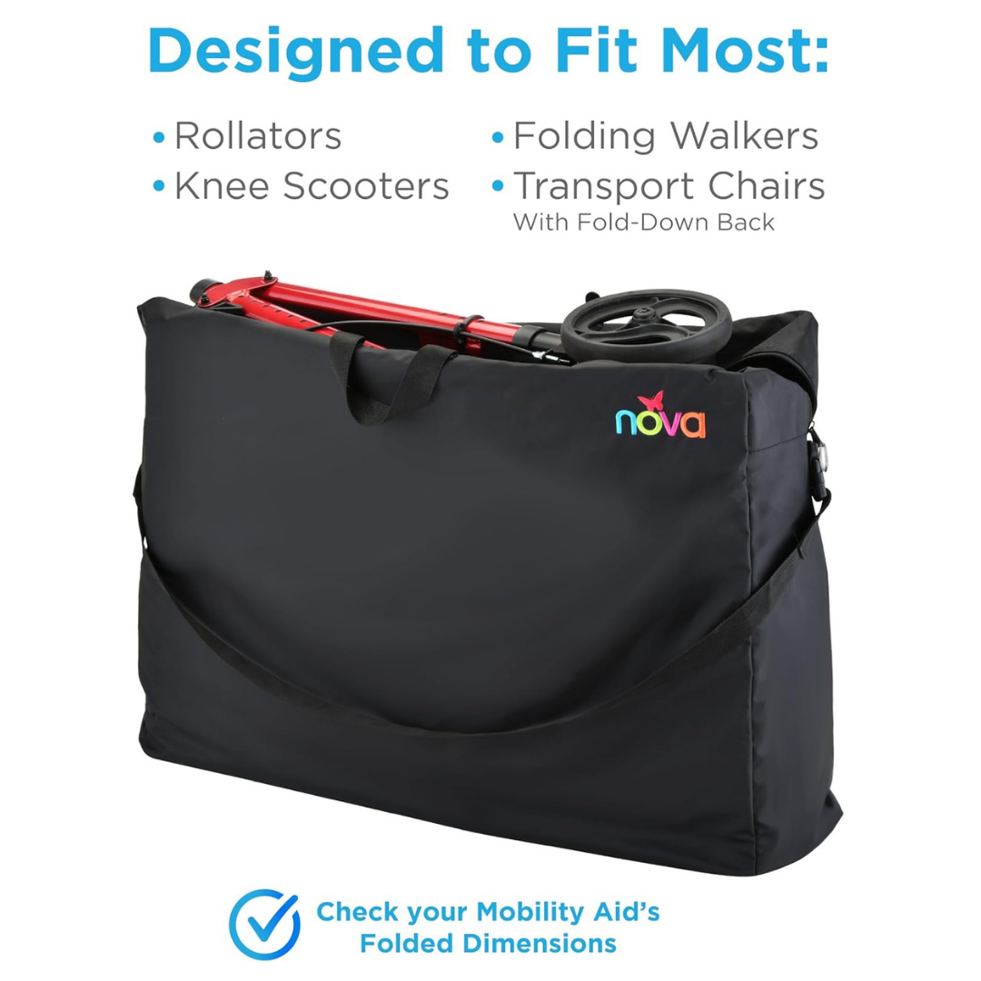 A Nova Large Carry & Travel Bag for Rollator Walkers & Transport Chairs holds a folded red mobility aid. Blue text above states: “Designed to Fit Most: Rollators, Knee Scooters, Folding Walkers, Transport Chairs.” Check folded size before purchase.