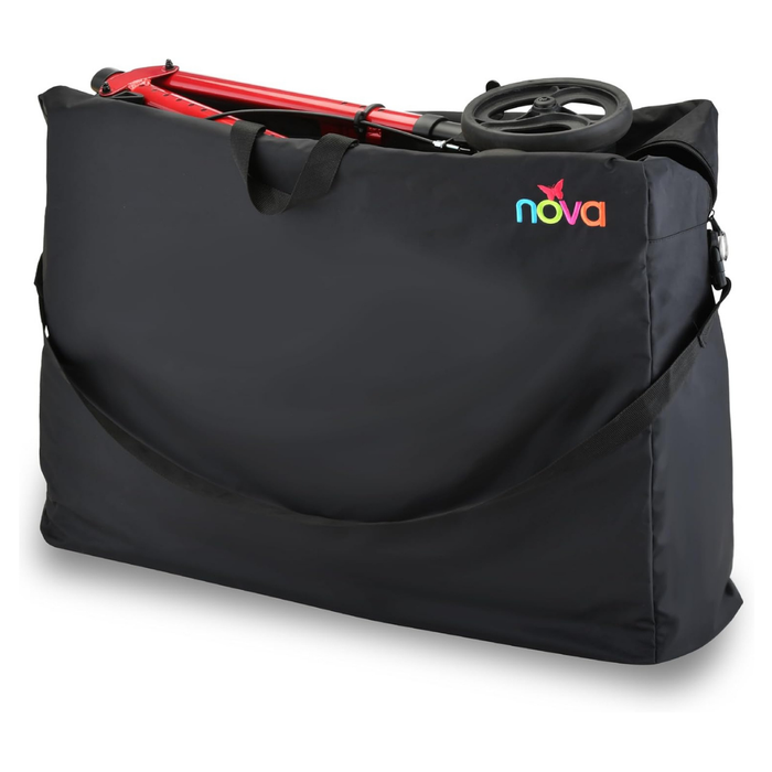 The Nova Extra-Large Carry & Travel Bag for Rollator Walkers & Transport Chairs, in black with a shoulder strap, is shown partially open to display a folded red walker inside. The colorful nova logo appears on the upper right corner.