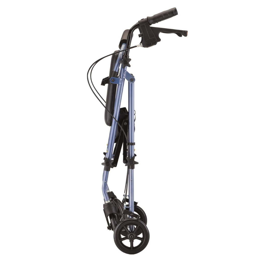 A side view of the Nova Medical Journey Steel Lightweight Folding Rollator, a compact blue walker with four wheels. It includes hand brakes, a seat with a backrest, and is designed for personal mobility assistance. Shown in its folded state for easy storage or transport.