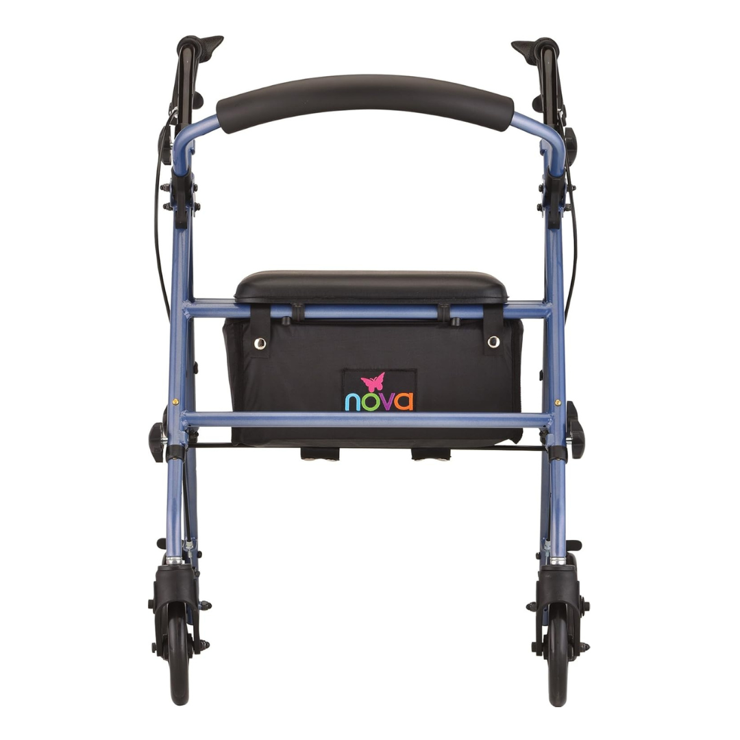 A blue Nova Medical Journey Steel Lightweight Folding Rollator is shown, featuring four wheels, a padded seat and backrest, a storage pouch beneath the seat with the Nova logo, and hand brakes on the handles.
