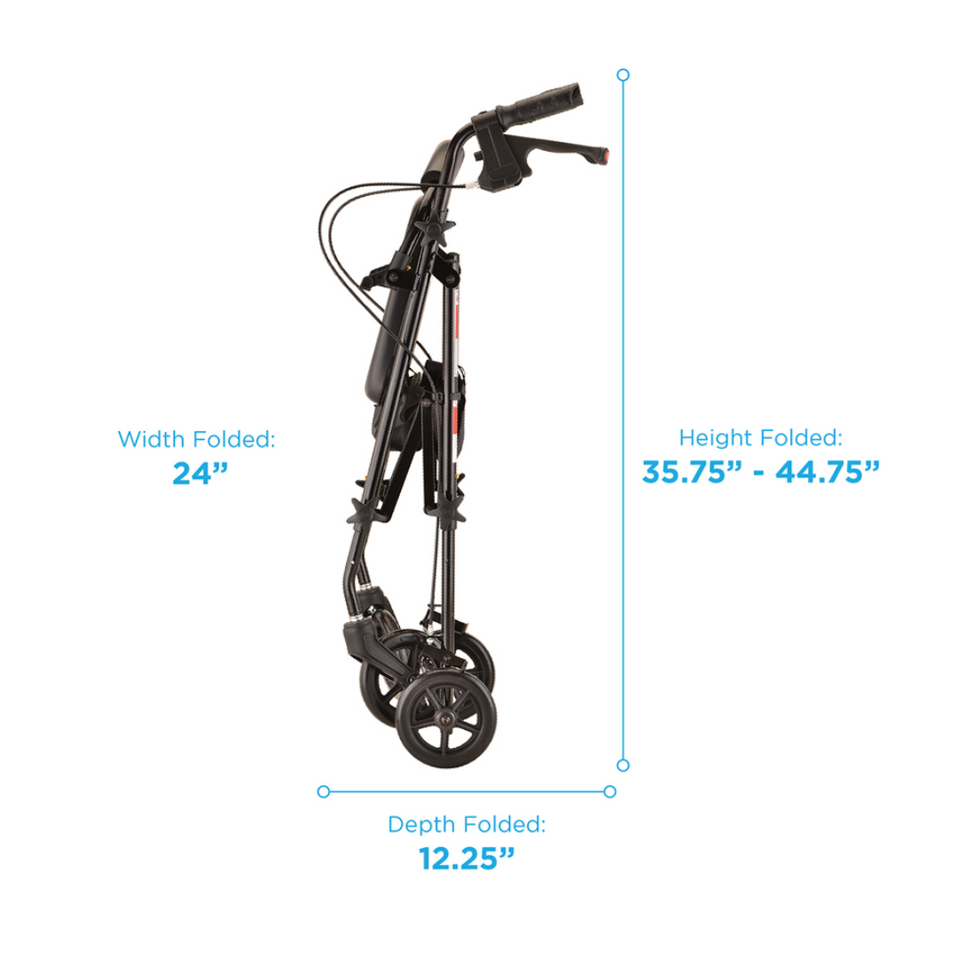 Side view of the Nova Medical Journey Steel Lightweight Folding Rollator, highlighting its sturdy steel frame. Folded dimensions: width 24, height adjustable 35.75-44.75, depth 12.25. Features three wheels and ergonomic hand grips for comfort and reliability.