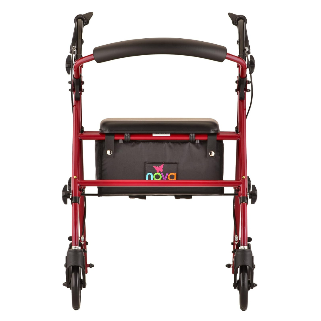 The Nova Medical Journey Steel Lightweight Folding Rollator is a red four-wheel walker with dual height adjustments, a cushioned seat, ergonomic handlebars, and a black storage pouch beneath the seat displaying the Nova brand.