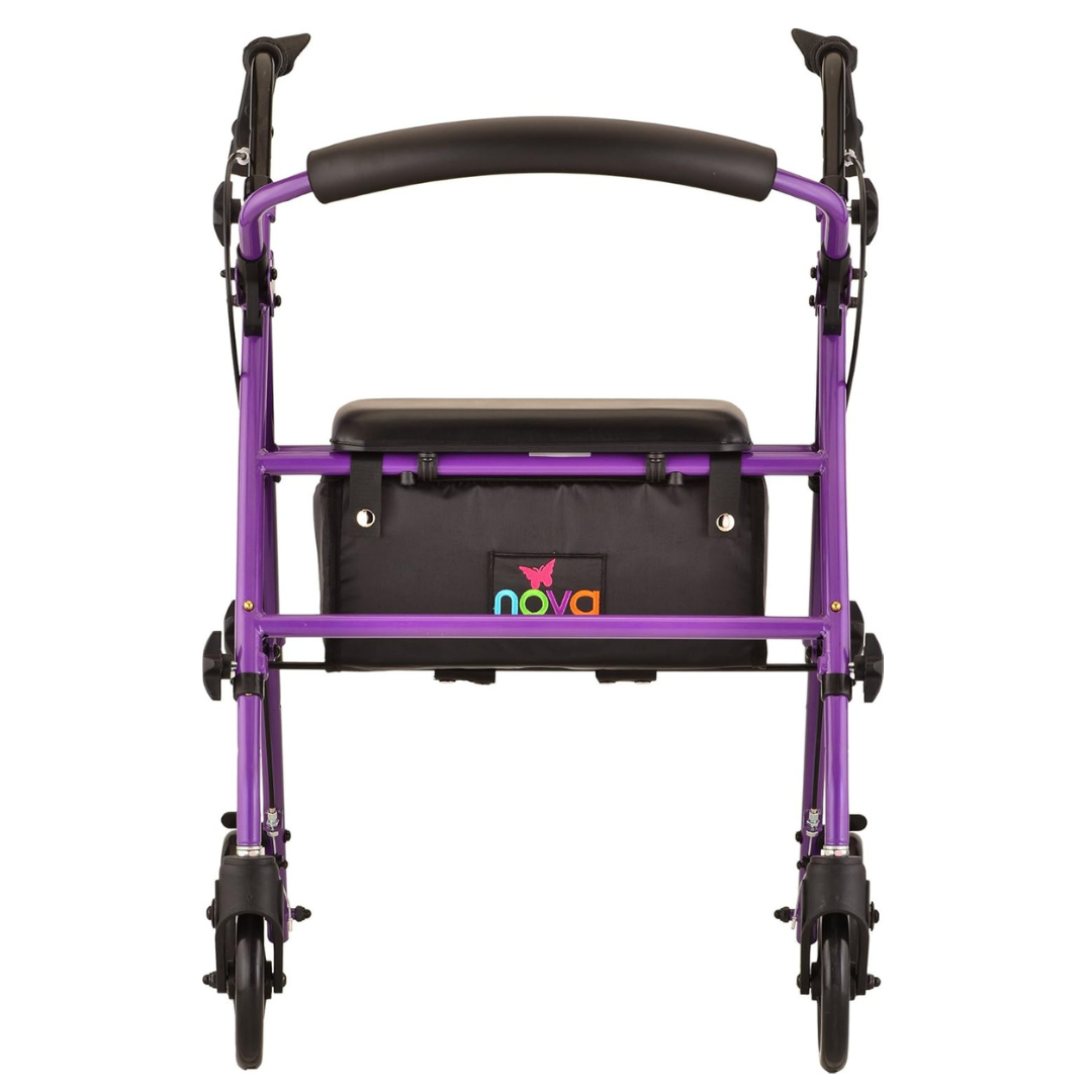The Nova Medical Journey Steel Lightweight Folding Rollator in purple has four wheels, a black padded seat, handlebars, and a storage pouch with the Nova logo. Its foldable and designed for personal mobility and on-the-go convenience.
