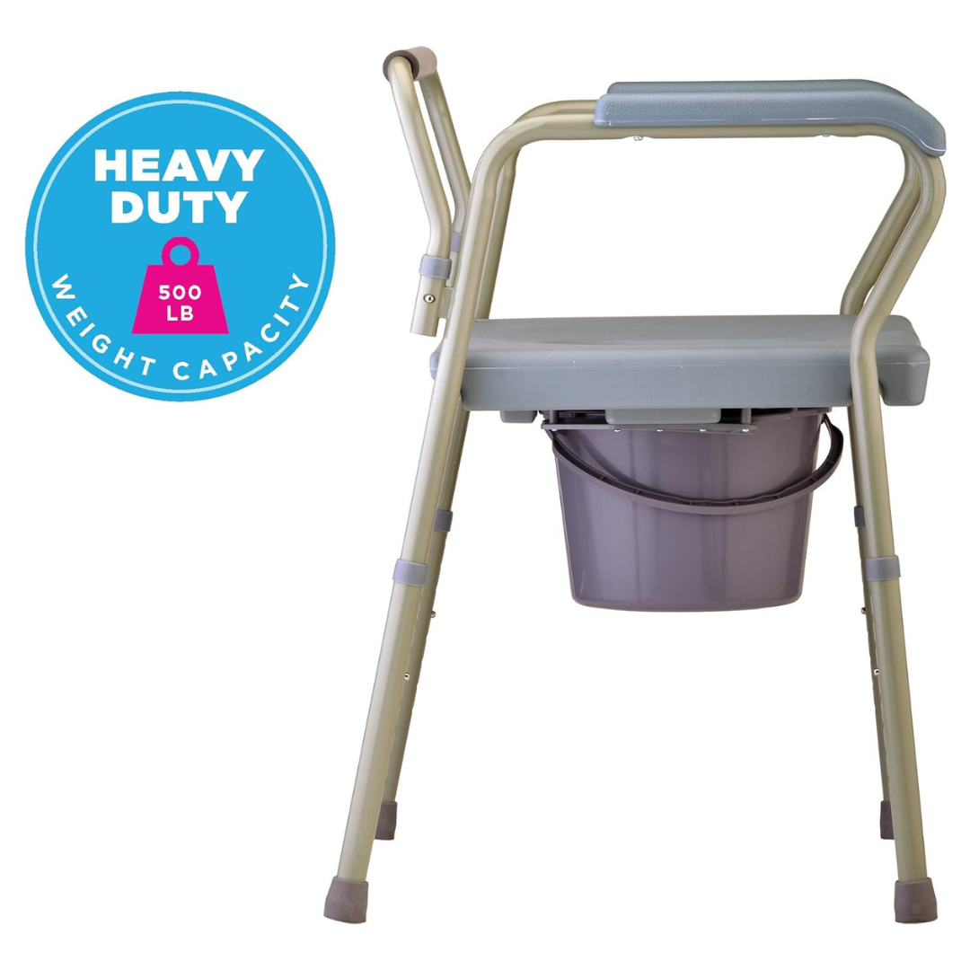 The Nova Bariatric Bedside Commode with Extra Wide Seat features a sturdy frame, armrests, brown bucket, drop-arm design for easy transfer, and a blue circle graphic emphasizing its 500 lbs weight capacity.