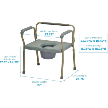 The Nova Bariatric Bedside Commode with Extra Wide Seat features a drop-arm design, 23.75 width between arms, adjustable seat height from 17.5 to 24.25, overall width of 27, and a seat measuring 23.25w x 18.75d with an opening of 8.25w x 10.25d and an overall depth of 23.75.