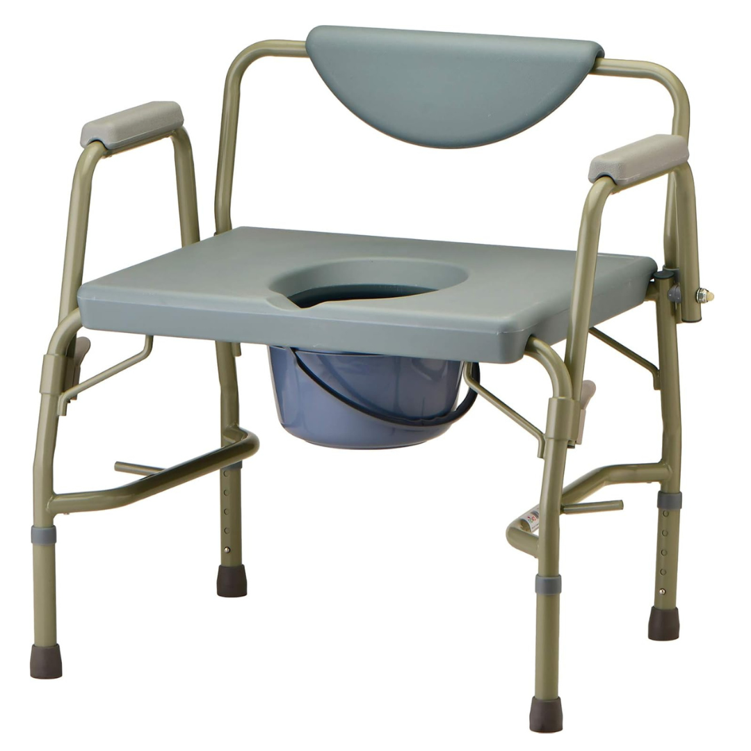 The Nova Bariatric Bedside Commode features a heavy-duty adjustable design with an extra-wide seat. It has a green padded backrest and central hole, drop-arm design, removable blue bucket, metal frame with armrests, and non-slip feet for stability and safety.