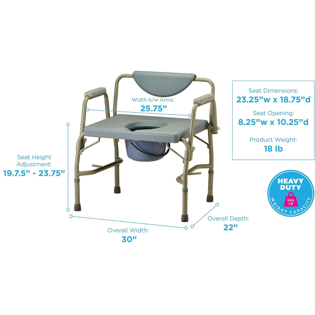 The Nova Bariatric Bedside Commode features a drop-arm design, padded arms and backrest, adjustable seat height (19.75 to 23.75), overall dimensions of 30W x 22D, and a seat width of 25.75, weighing only 18 lb yet supporting up to 600 lb effortlessly.