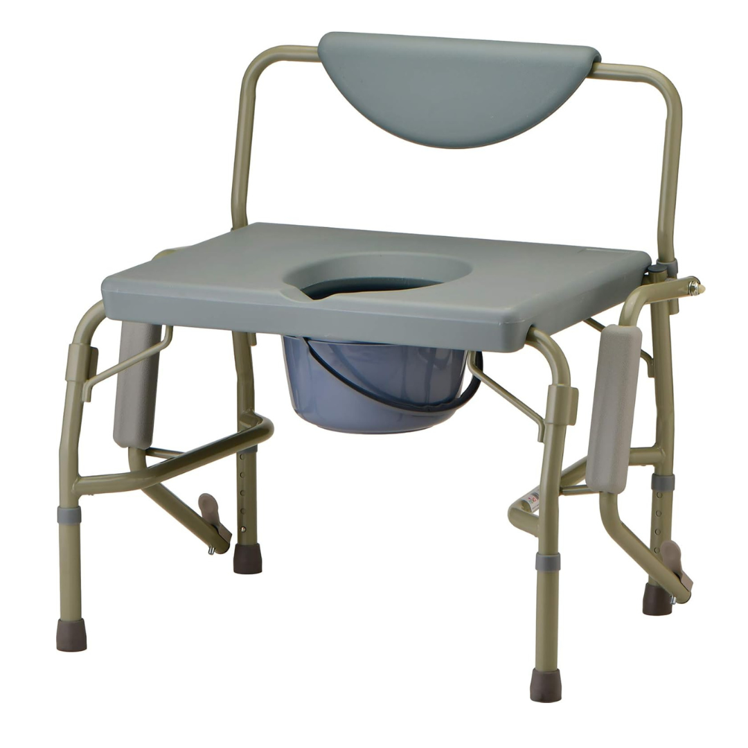 The Nova Bariatric Bedside Commode has a drop-arm design for easy transfers, an extra wide gray seat and backrest, sturdy metal support bars, a detachable bucket, and legs with rubberized tips for stability.