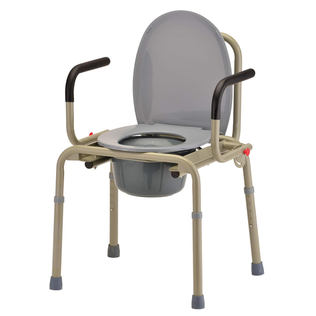 The Nova Drop Arm 3-In-1 Commode is gray and portable, with a seat, lid, and armrests. It includes a drop-arm for easy transfer and a removable bucket. The tool-free assembly structure is supported by four adjustable metal legs for stability and height adjustment.