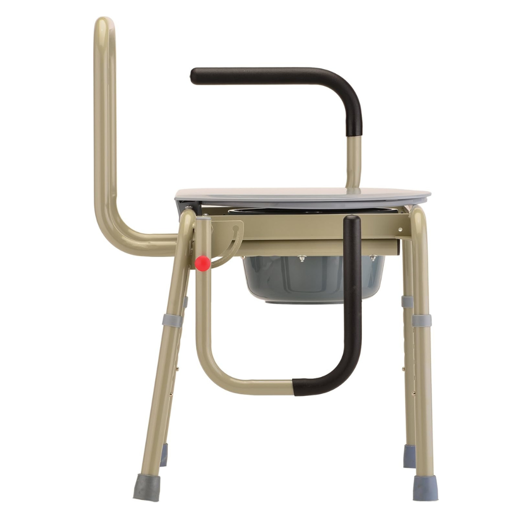 The Nova Drop Arm 3-In-1 Commode, with a beige metal frame and black padded armrests, features a removable gray plastic bucket. It includes a convenient drop arm for transfers and non-slip gray rubber tips for stability.