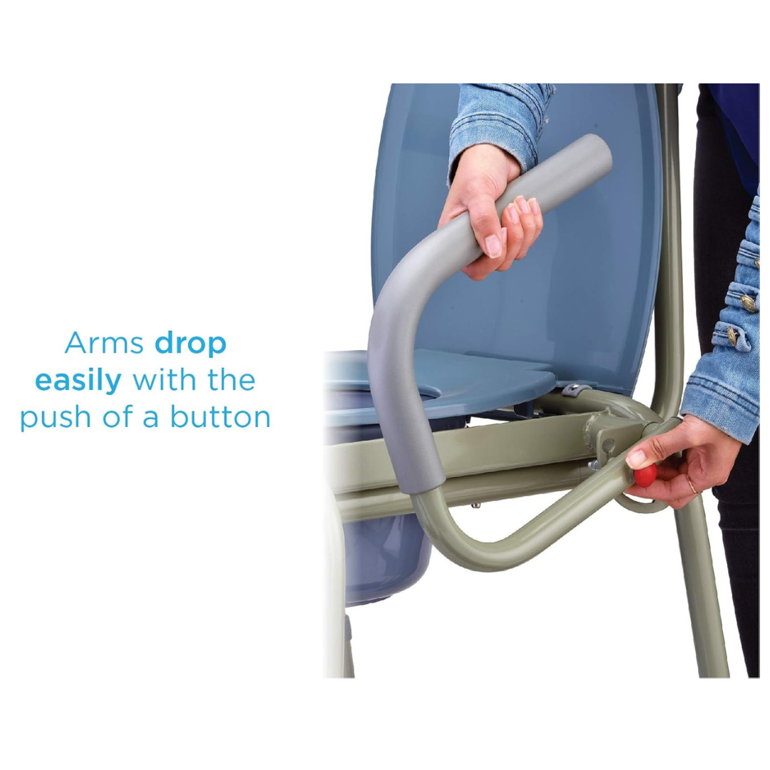 Image of an individual pressing a button to lower the armrest of the Nova Drop Arm 3-In-1 Commode, demonstrating its versatile design. Text overlay: Effortless arm lowering with a button push. The person is dressed in a blue jacket and jeans.