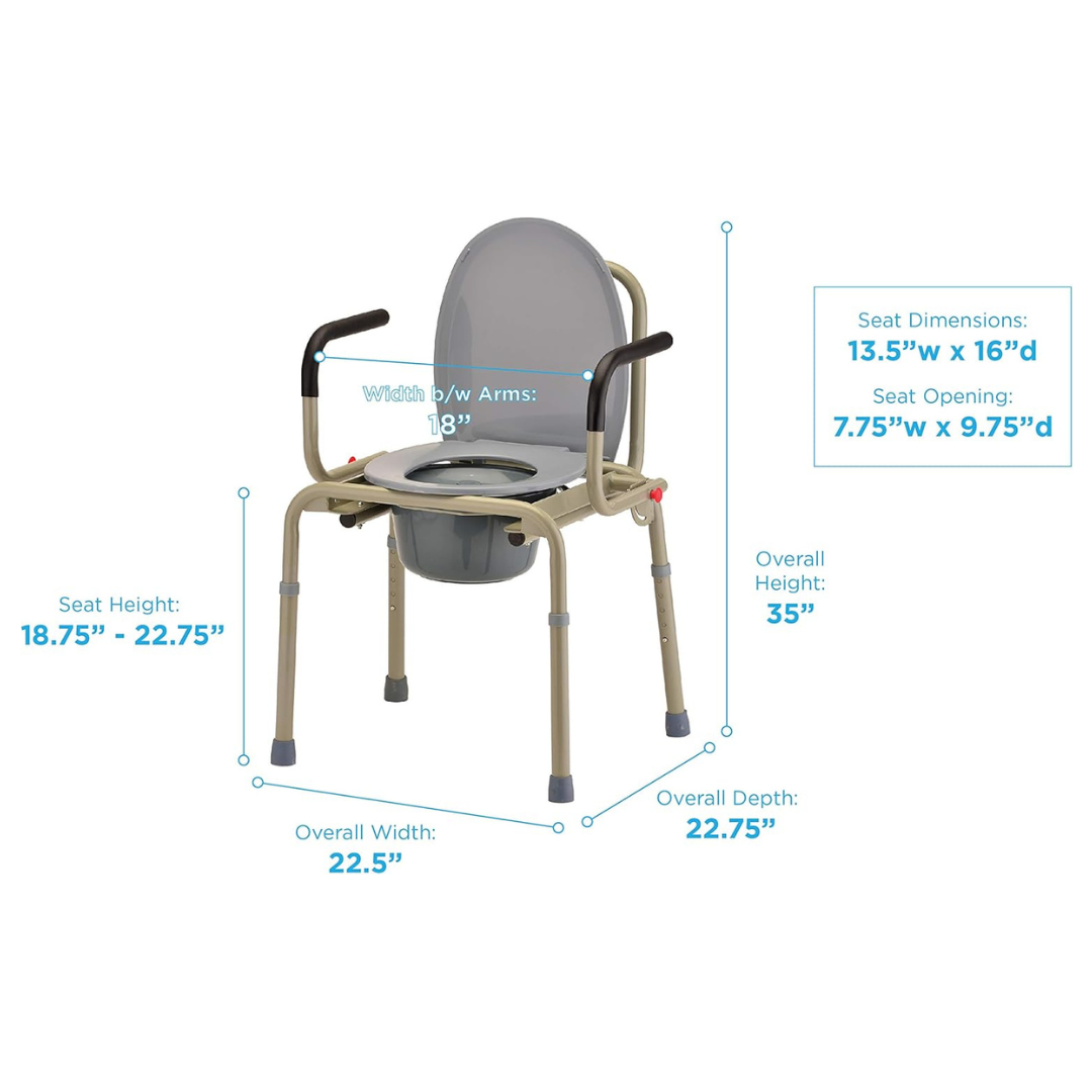 The Nova Drop Arm 3-In-1 Commode offers a beige frame with a gray seat and versatile design. It features seat dimensions of 18x13.5-16, height adjustable from 18.75 to 22.75, chair height of 35, overall dimensions of 22.5x22.75, black armrests, and a tool-free detachable bucket for convenience.