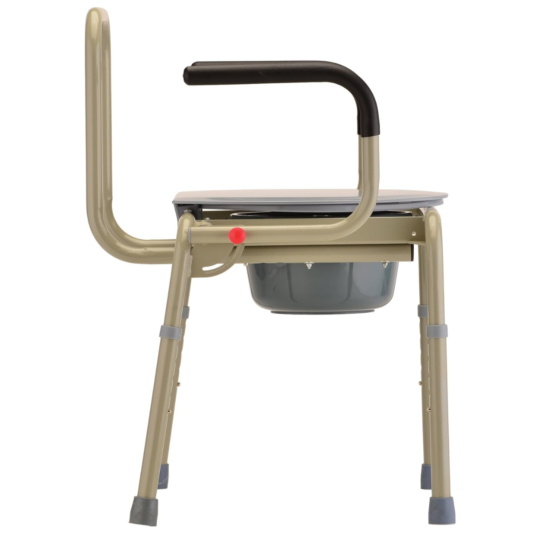 The Nova Drop Arm 3-In-1 Commode, in beige, includes a grey bucket and offers tool-free assembly. It features a backrest, drop armrests, and non-slip rubber tips for stability. Use it as a standalone unit or over the toilet.