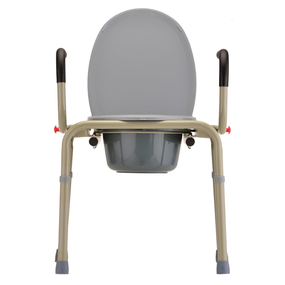 The Nova Drop Arm 3-In-1 Commode - Stand Alone or Over Toilet is a portable gray commode with a sturdy metal frame, two black armrests for easy assembly without tools, an open seat lid with a removable bucket underneath, and legs with non-slip rubber tips for stability.