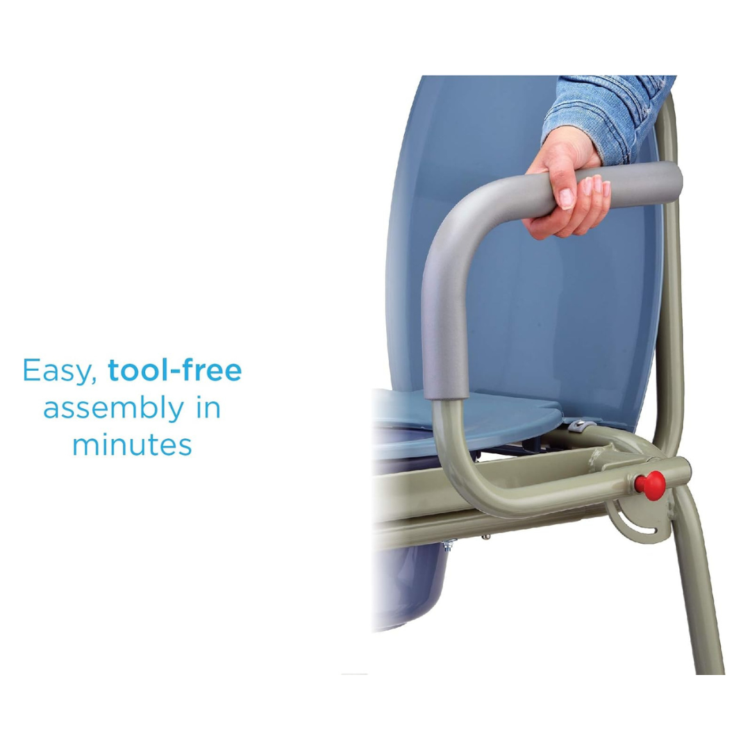 A person grips the armrest of a Nova Drop Arm 3-In-1 Commode—gray-blue and versatile as a standalone or over-toilet seat. Text on the left states, Easy, tool-free assembly in minutes.