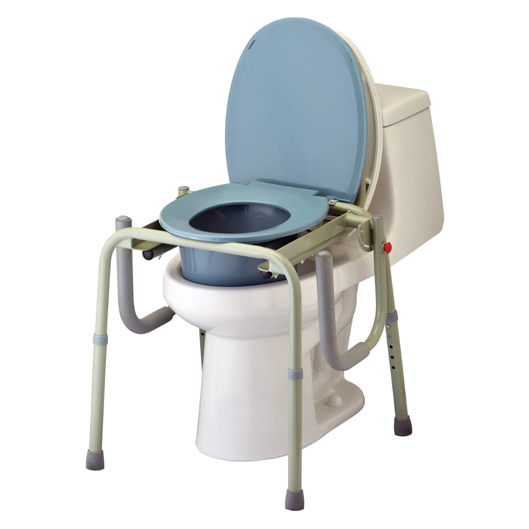 The Nova Drop Arm 3-In-1 Commode, available in a white shade with blue accents, has adjustable arm handles for easy accessibility. Its design includes gray padded handles, a sturdy frame, and requires no tools for assembly, making it simple to use as a standalone or over-the-toilet solution.