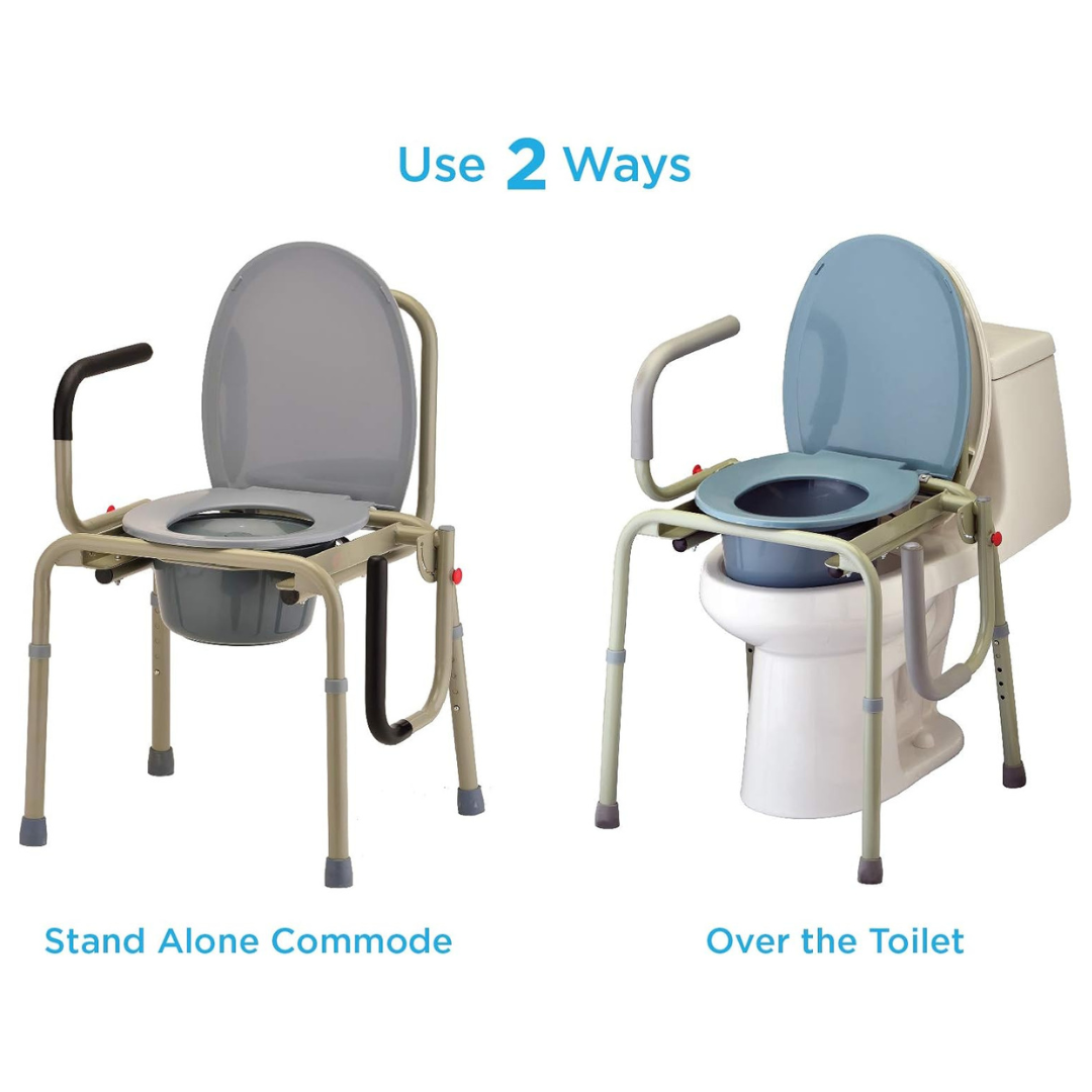 Image of the Nova Drop Arm 3-In-1 Commode featuring handles. On the left, its used standalone; on the right, it fits over a toilet. The text highlights Use 2 Ways to emphasize its adaptable design and easy, tool-free assembly for maximum convenience.