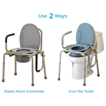 Image of the Nova Drop Arm 3-In-1 Commode featuring handles. On the left, its used standalone; on the right, it fits over a toilet. The text highlights Use 2 Ways to emphasize its adaptable design and easy, tool-free assembly for maximum convenience.
