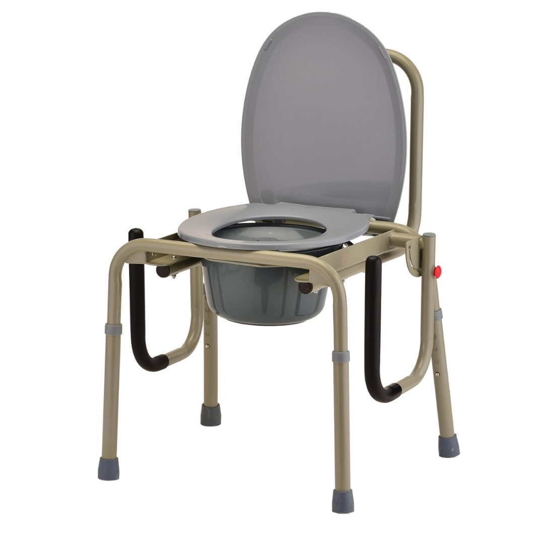 The Nova Drop Arm 3-In-1 Commode is a versatile portable chair with a gray lid, metal frame, and sturdy legs. It offers drop-arm functionality and tool-free assembly for easy accessibility. Rubber grips and a removable bucket enhance its practical design for use as stand-alone or over the toilet.