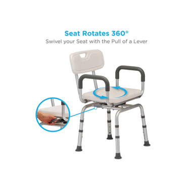 The Nova Medical Swivel Bath Seat features a 360° swiveling seat with padded arms and backrest. An arrow shows a lever below the seat, operated by hand. Enjoy tool-free assembly for easy setup.