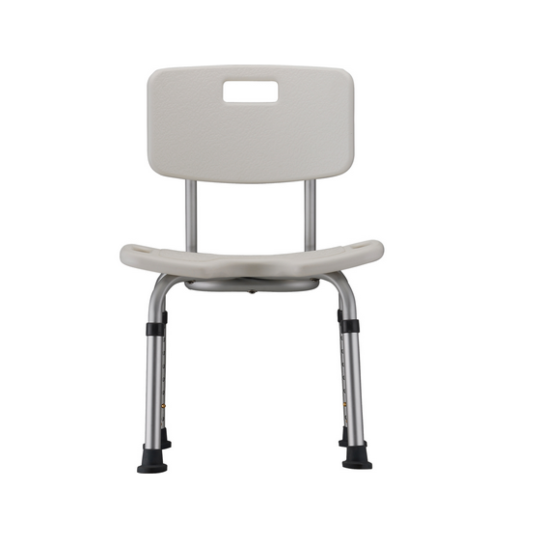 The Nova Medical Bath Seat With Hygienic U-Shape Seat has a white plastic seat, a rectangular backrest, and an open grip handle. It features adjustable height for comfort, with four silver metal legs and black rubber feet for stability and water resistance.