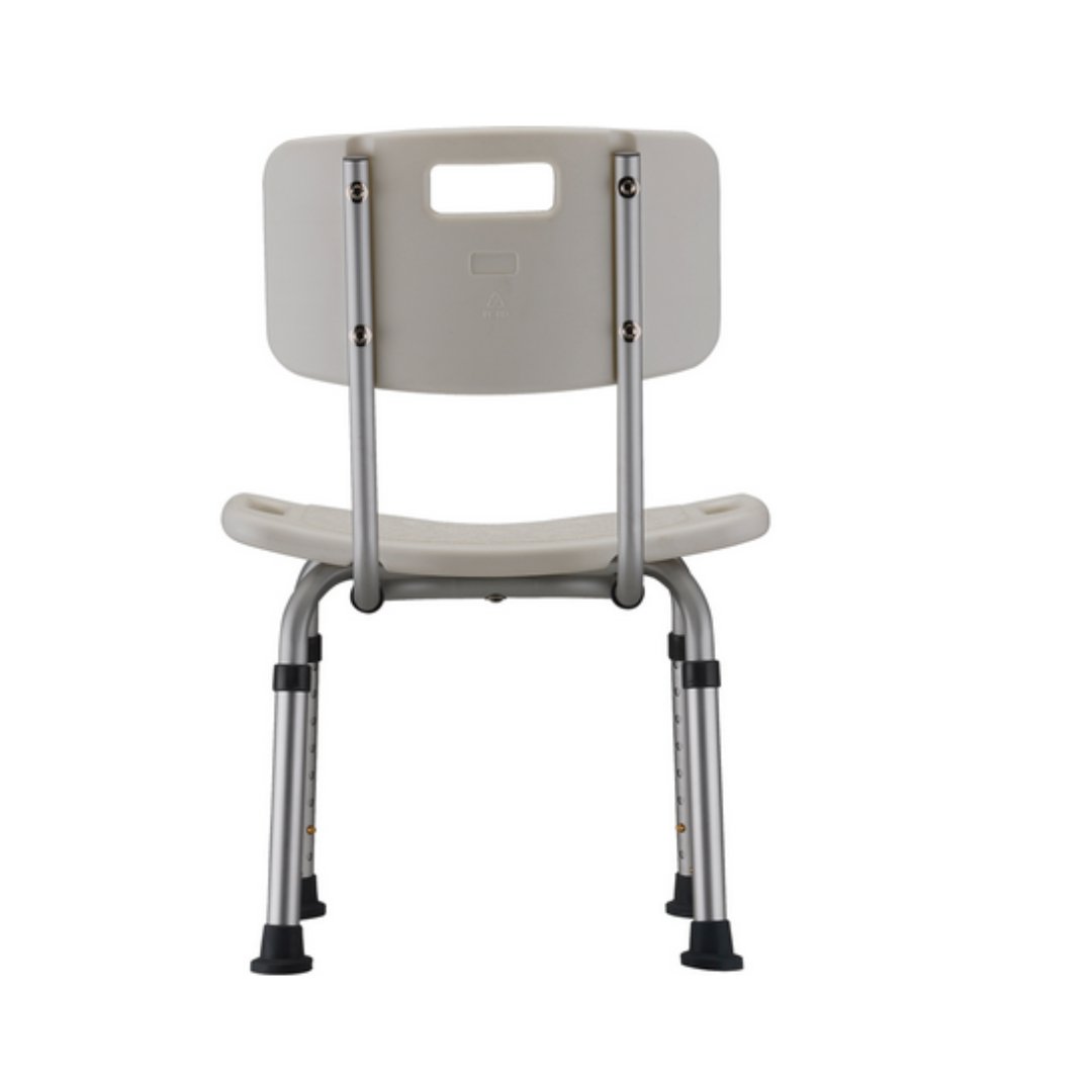 The Nova Medical Bath Seat With Hygienic U-Shape Seat features a plastic backrest with a cut-out handle, U-shaped seat with drainage holes, aluminum legs, rubber feet for stability, and adjustable height for comfort.