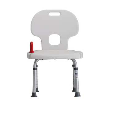 The Nova Medical Bath Seat With Back & Red Safety Handle is a white bath chair with four metal legs, designed for shower safety. It includes a backrest, side safety handle, and non-skid rubber tips for stability.