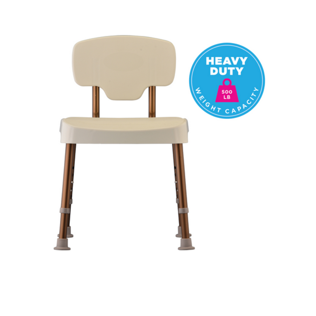 The Nova Medical HD Bariatric Shower Chair features a beige design with a curved backrest and silver legs, supporting up to 500 lbs as noted in a blue badge on the right.