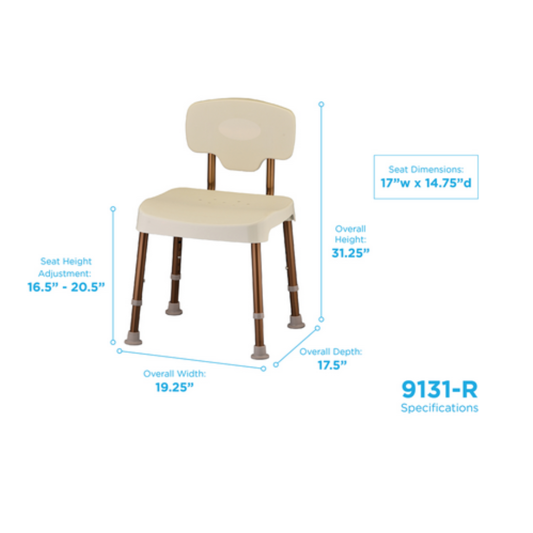 The Nova Medical HD Bariatric Shower Chair with Backrest, Model 9131-R, offers comfort and stability with a seat thats 17 wide, 14.75 deep, and height adjustable from 16.5 to 20.5. Overall dimensions are 31.25 high, 19.25 wide, and 17.5 deep.