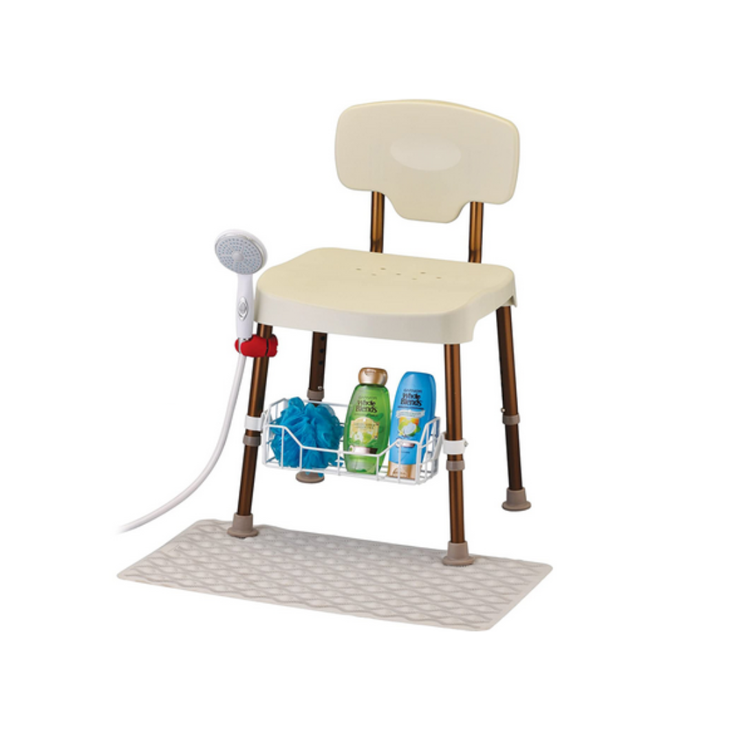 The Nova Medical HD Bariatric Shower Chair combines comfort and support with its beige adjustable design, white padded backrest, and seat drainage holes. It includes a storage rack, draped handheld showerhead, and rests on a textured beige bath mat for added safety.