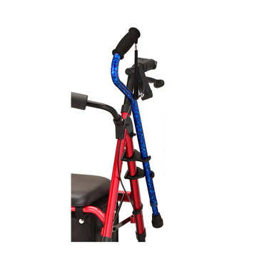 A Nova Medical Cane Holder for Star Series Rollators secures a blue cane to the side of a red walker with black clips; the rollator features a black seat and handle grips.