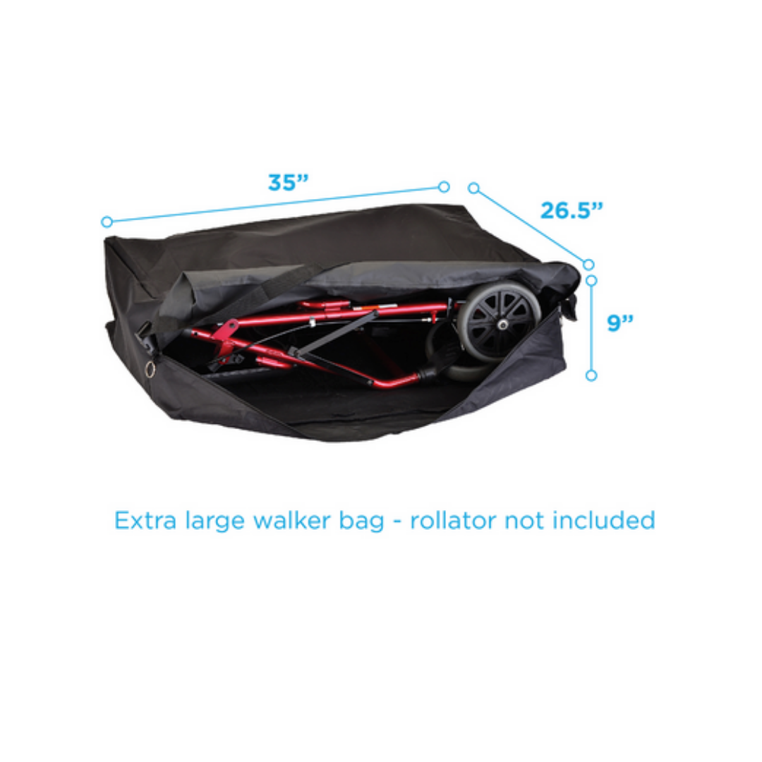 A Nova Large Carry & Travel Bag for Rollator Walkers & Transport Chairs (35 x 26.5 x 9 cm) holds a folded red walker. Blue text below: Extra large rollator walker bag—rollator not included.