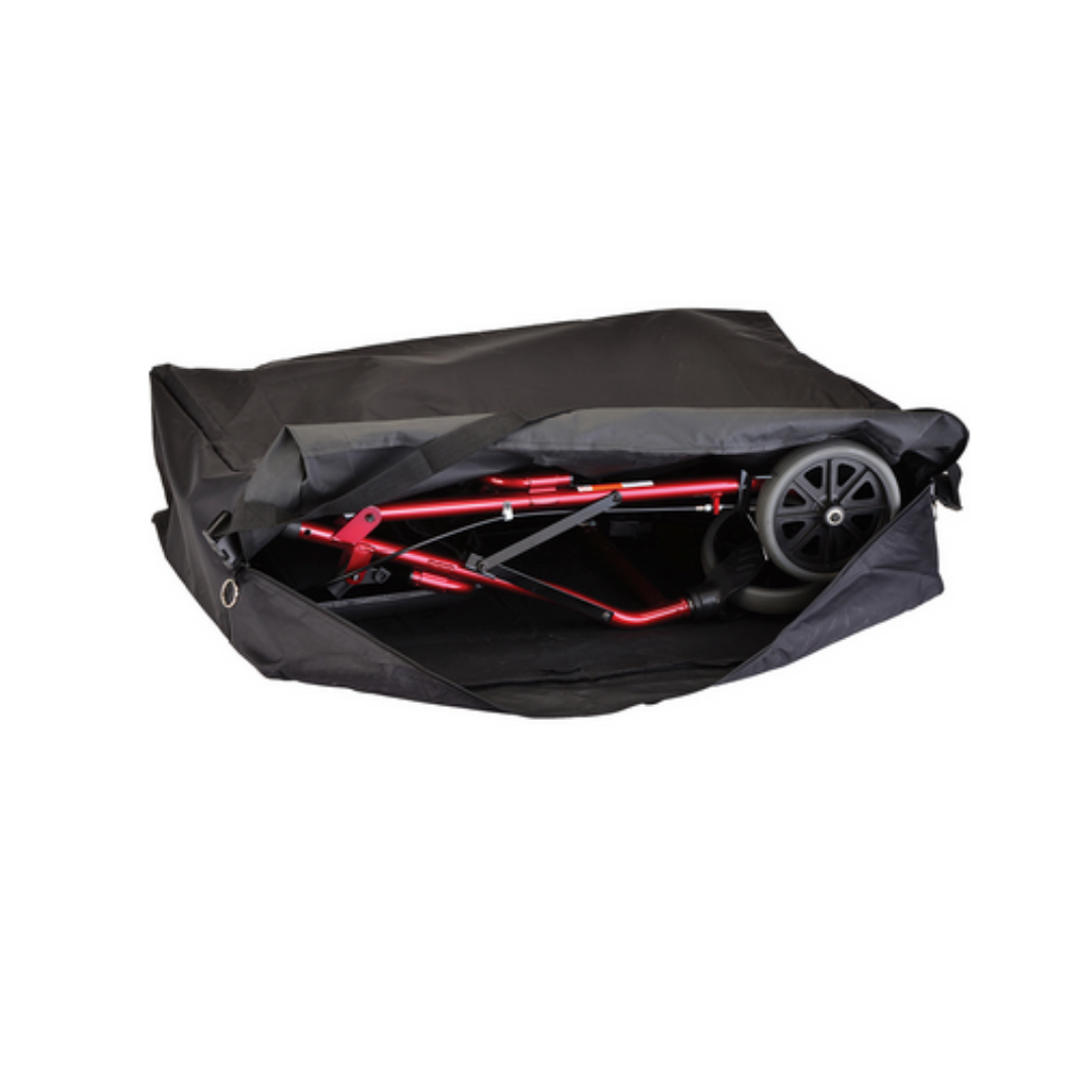 A Nova Large Carry & Travel Bag for Rollator Walkers & Transport Chairs in black is partially unzipped, revealing a folded red stroller with its wheels visible inside.