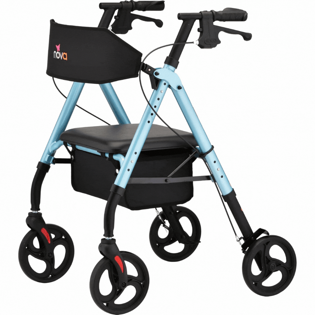 The Nova Medical Star 8 Lightweight Rollator with XL Backrest features a light blue color, four 8 all-terrain wheels, black seat, storage pouch, hand brakes, padded handles, and a Quick-Fit adjustable system for comfort.