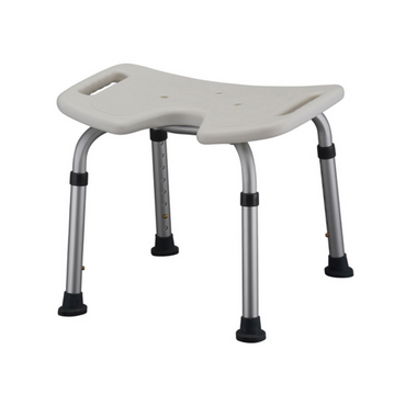 The Nova Medical Bath Seat With Hygienic U-Shape Seat features a contoured white plastic seat with drainage holes and side handles, adjustable-height aluminum legs, and non-slip rubber caps for stability.