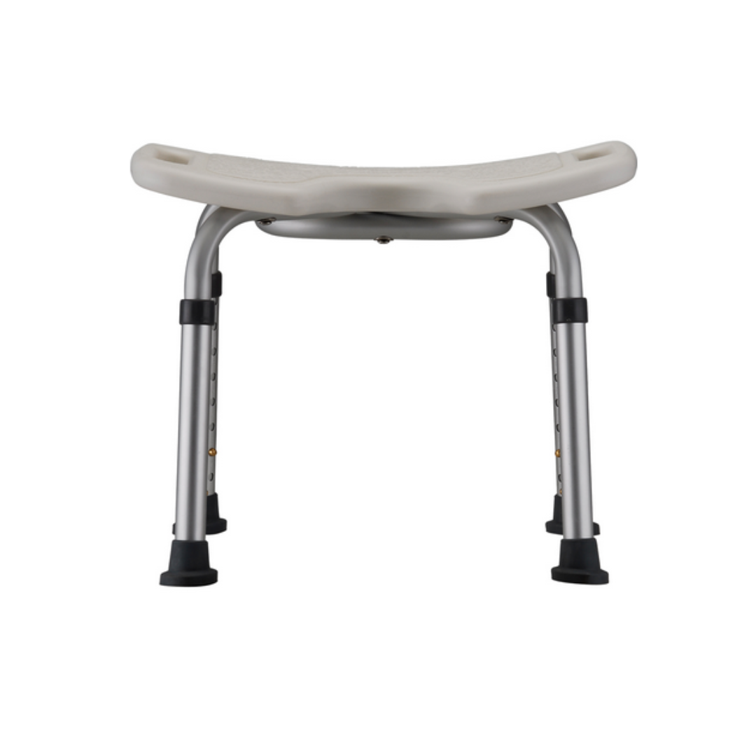 The Nova Medical Bath Seat features a hygienic U-shape and a curved seat for comfort, with adjustable height metal legs and rubber tips for stability, offering practicality in the bathroom.