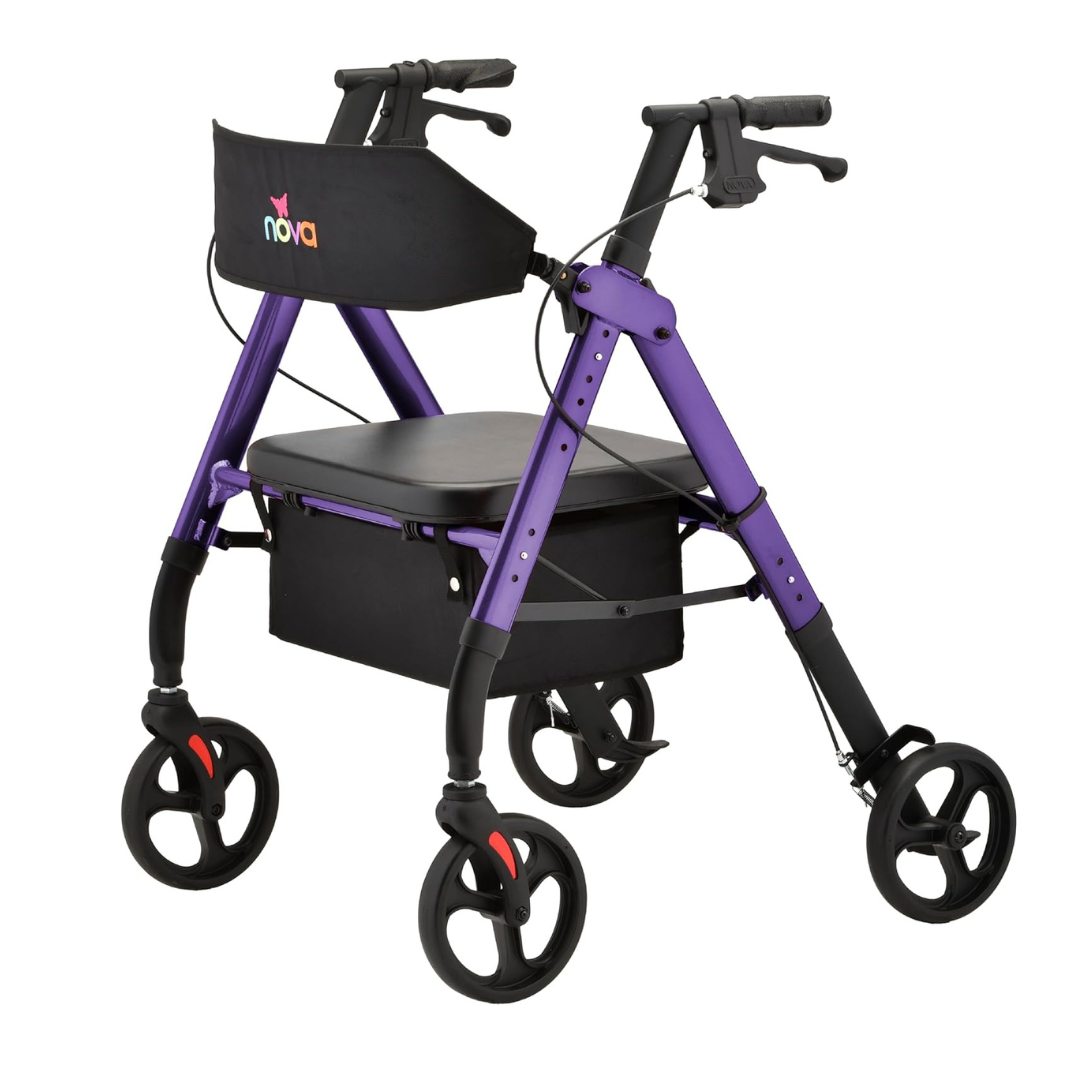 The Nova Medical Star HD Bariatric Rollator with XL Backrest is a purple four-wheel walker featuring an adjustable frame, built-in padded seat, black storage pouch, hand brakes, and NOVA logo to enhance mobility.
