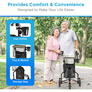 An elderly couple smiles while walking in a park, the man using a Nova Medical 4900 Traveler 3 Wheel Rollator Walker with all-terrain 8” wheels. Insets show its cup holder, tray and basket, and storage bag. Text: Provides Comfort & Convenience.