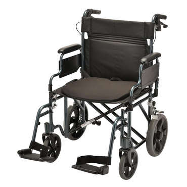 The Nova Medical Happy Collection Back and Lumbar Support Gel Cushions are seen on a black and silver wheelchair with padded armrests, backrest, footrests, and large sturdy wheels for mobility aid. Its sleek design is emphasized against a plain white background.