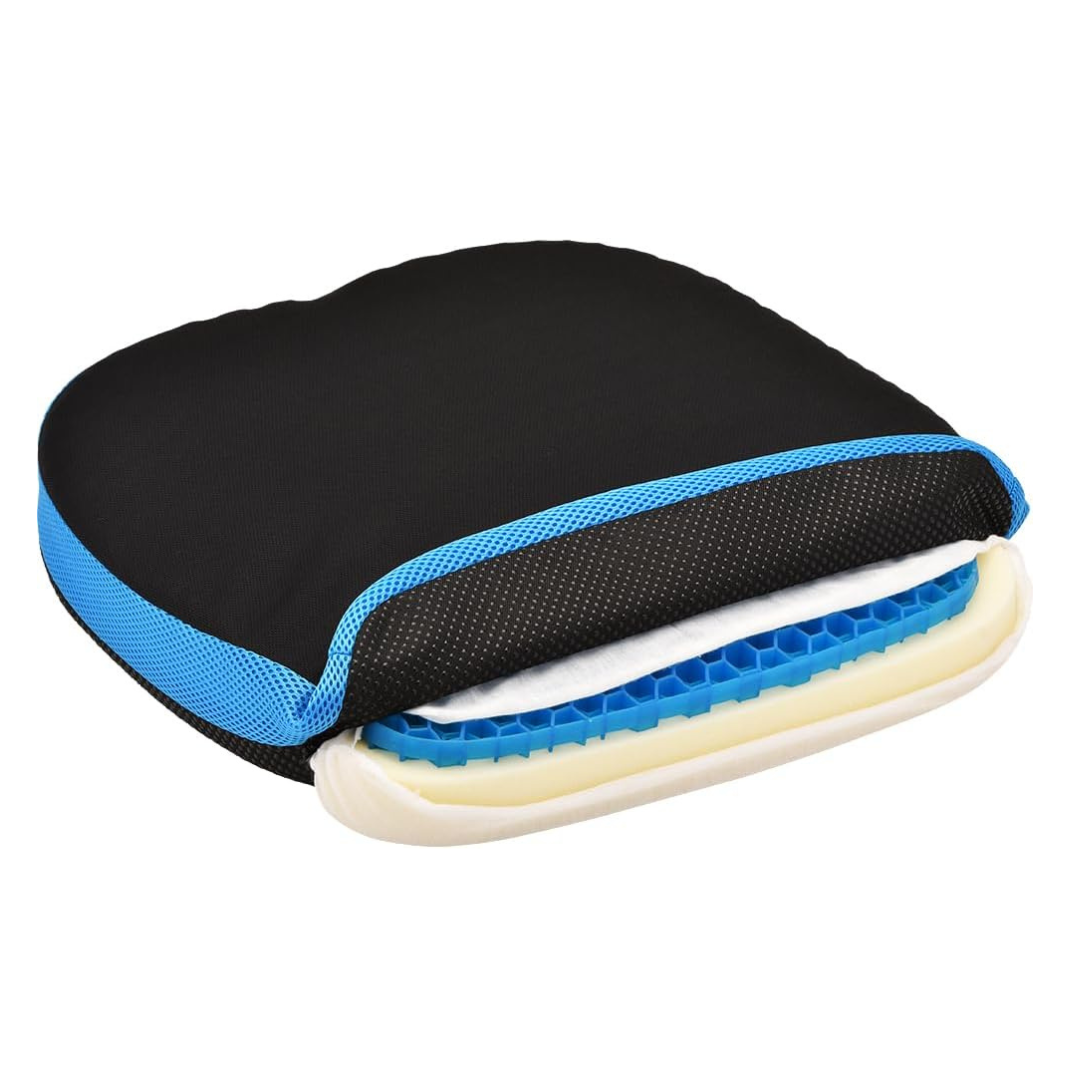 A black and blue Nova Medical Happy Collection cushion cross-section reveals foam and a blue honeycomb structure, designed as a back support gel cushion for comfort and pressure relief.