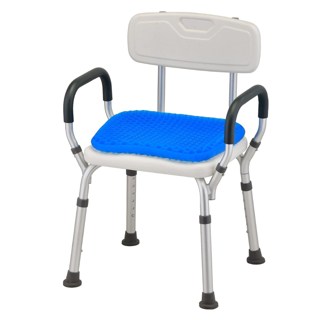 The Nova Medical Happy Collection features a white shower chair with a contoured back and armrests, complete with blue textured gel cushions for extra pressure relief. It has non-slip rubber feet and height-adjustable aluminum legs for comfort.