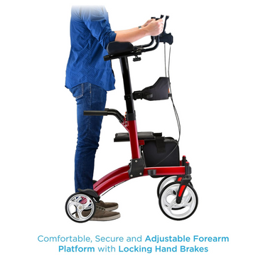 A person confidently uses the red Nova Dragon Fold n’ Go Rise UP Rollator, an upright mobility aid with an adjustable forearm platform and locking hand brakes. Dressed in a blue shirt and jeans, they display its features at the bottom of the image.