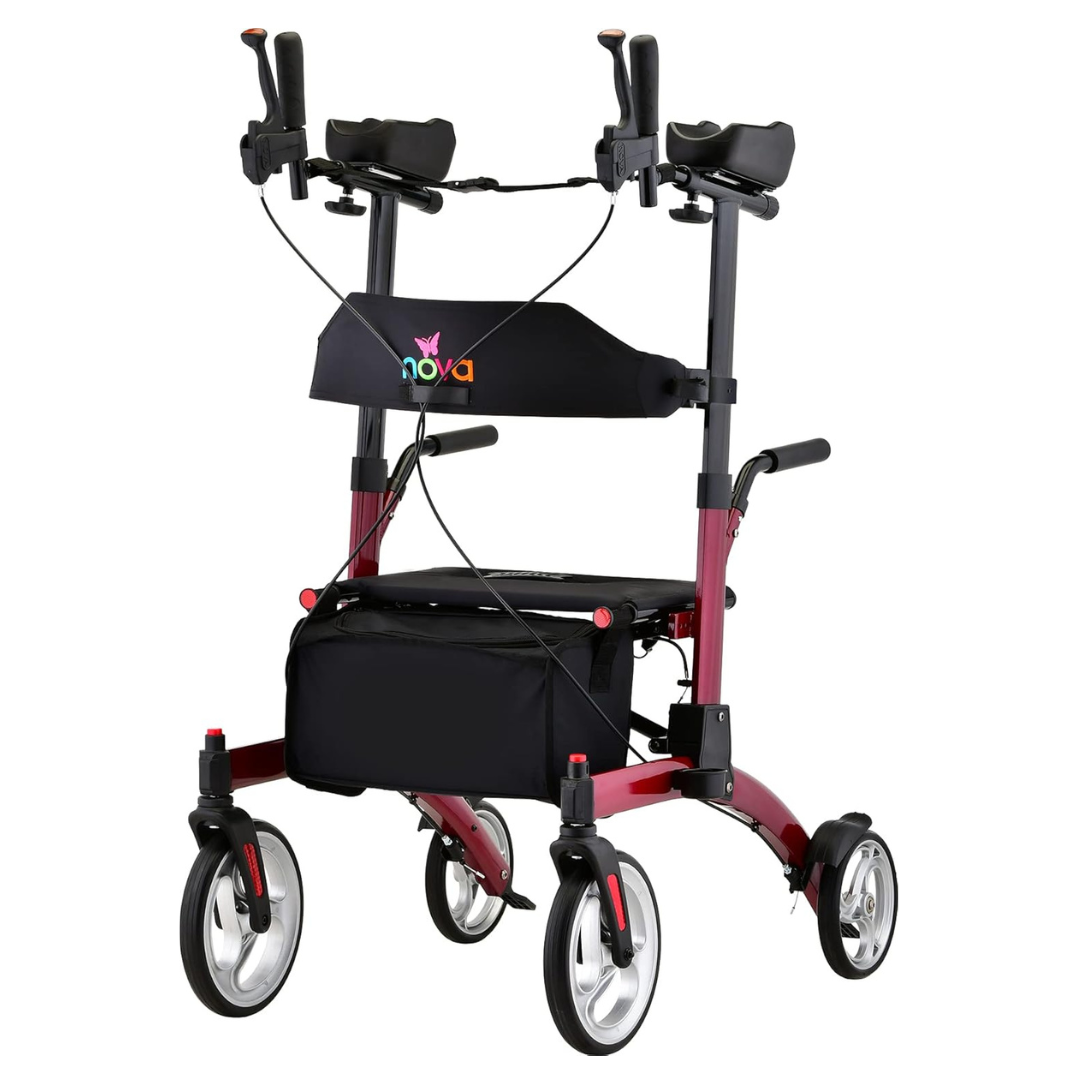 The Nova Dragon Fold n’ Go Rise UP Rollator is a red mobility aid with four large wheels, adjustable armrests, and handlebars with brakes. It includes a black storage bag under the seat, a backrest, and offers upright support.