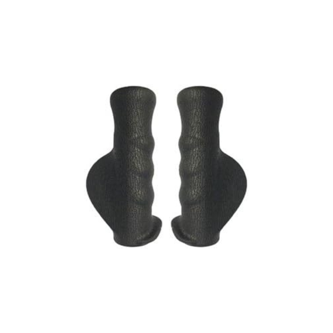 A pair of black Nova Medical Hand Grip Replacements with ergonomic finger grooves and extended palm support, ideal as rollator replacements, are shown side by side on a white background.