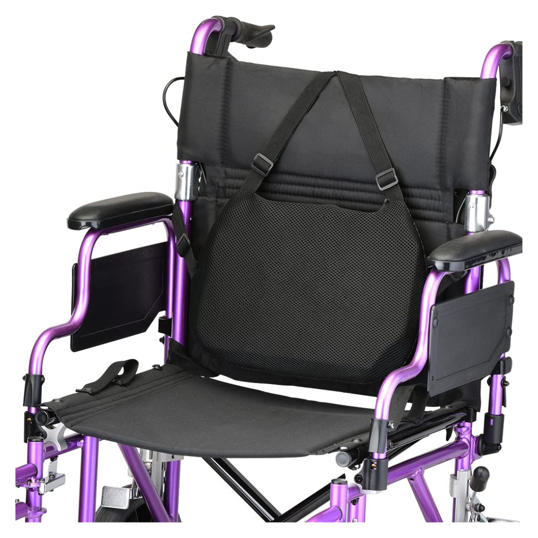 The purple lightweight wheelchair features adjustable armrests, seat belt, and footrests. It provides optimal pressure relief with Nova Medical Happy Collection Back and Lumbar Support Gel Cushions for enhanced lumbar support, making it ideal for mobility assistance.