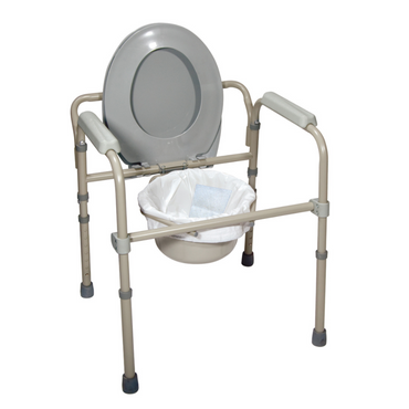 A portable gray commode chair with armrests, padded backrest, and a white removable bucket under the seat features an adjustable metal frame and rubber-tipped legs for stability. For extra convenience, use Nova Medical Disposable Commode Bucket Liners, available 20 per box.