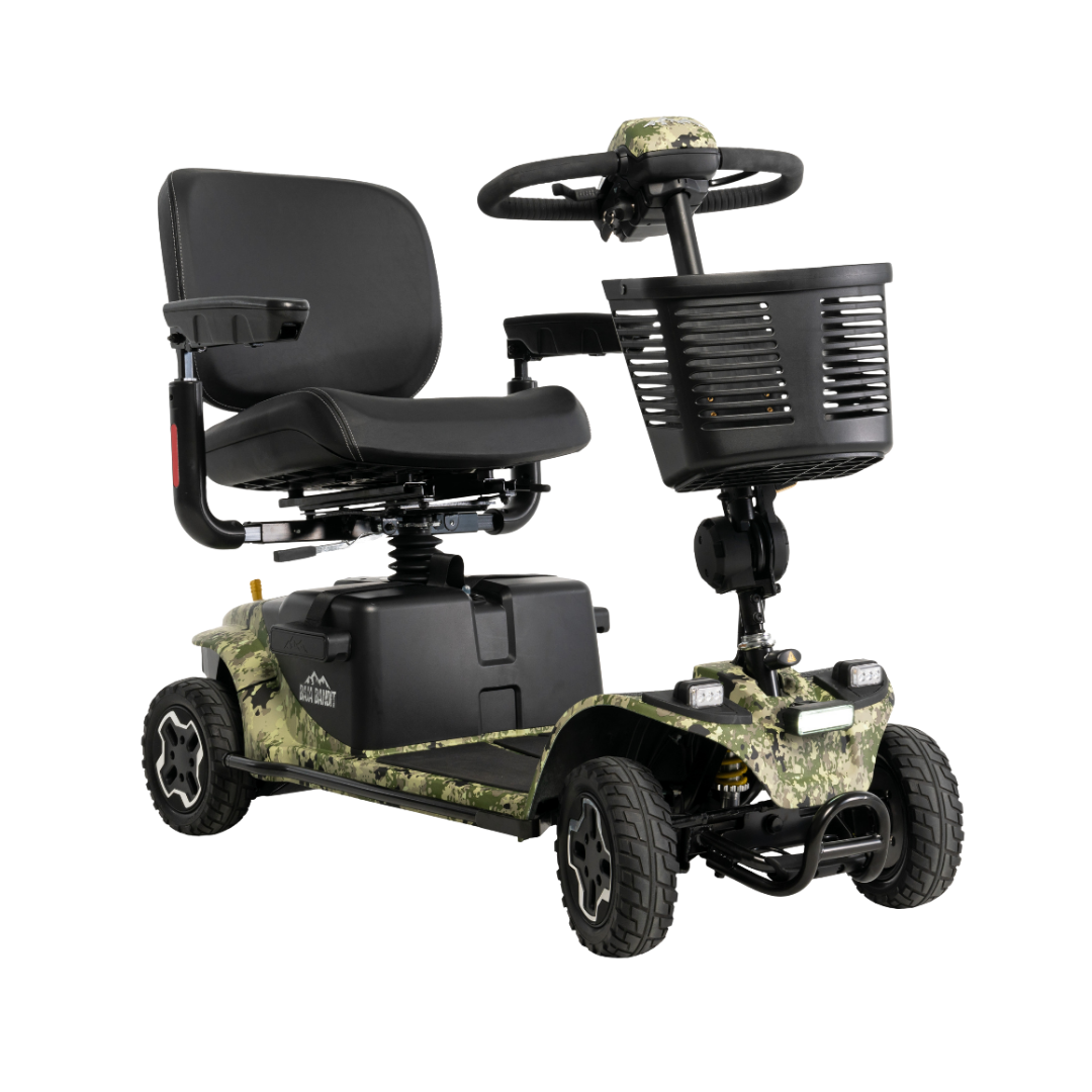 The Pride Baja® Bandit 4 Wheel Scooter features a camouflage design, black seat with armrests, steering handles, front basket, and four rugged wheels—making this sturdy off-road mobility scooter ideal for outdoor adventures.