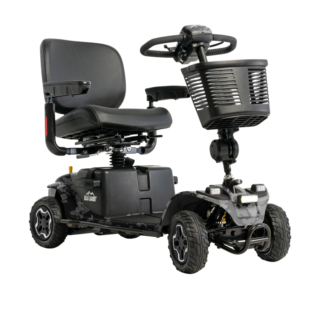 The Pride Baja® Bandit 4 Wheel Scooter is a black off-road mobility scooter with a padded seat, armrests, handlebar controls, and a front basket—perfect for personal transportation and rugged outdoor adventures.