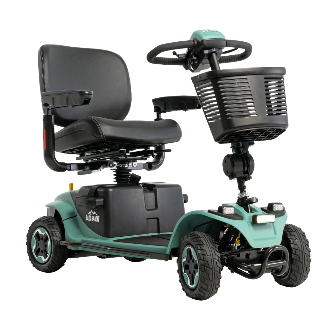 The Pride Baja® Bandit 4 Wheel Scooter in teal features a black seat with armrests, front basket, and handlebars—ideal for personal transportation and improved accessibility.