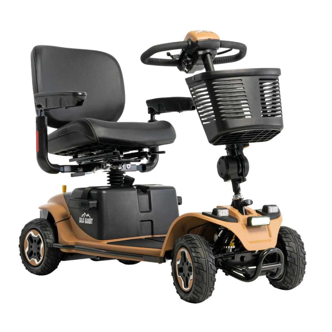 The Pride Baja® Bandit 4 Wheel Scooter is a tan and black off-road mobility scooter with padded seat, armrests, steering handle, front basket, and dual lithium-ion batteries for personal transportation.